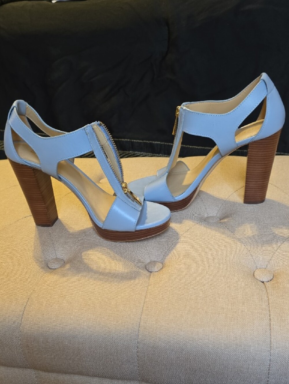 Michael Kors Powder Blue Leather T-Strap Heels with Gold Zippers - Picture 4 of 4